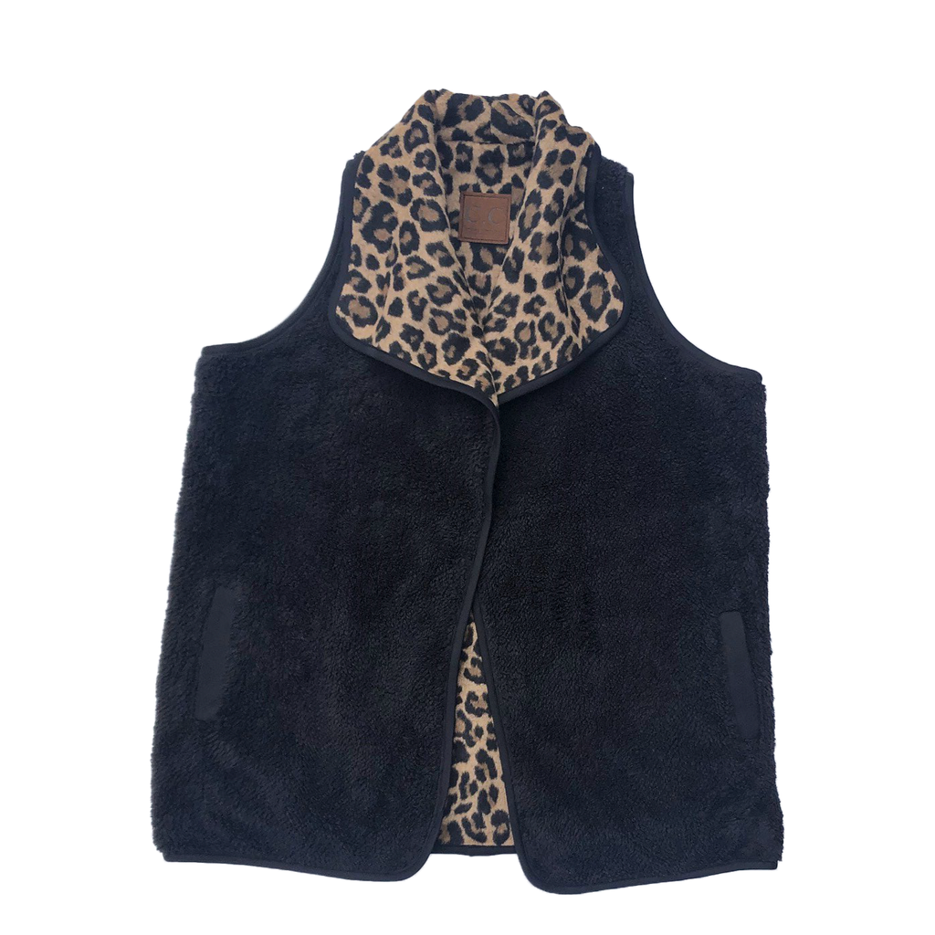 BP-4588 Reversible Leopard and Black Sherpa Vest