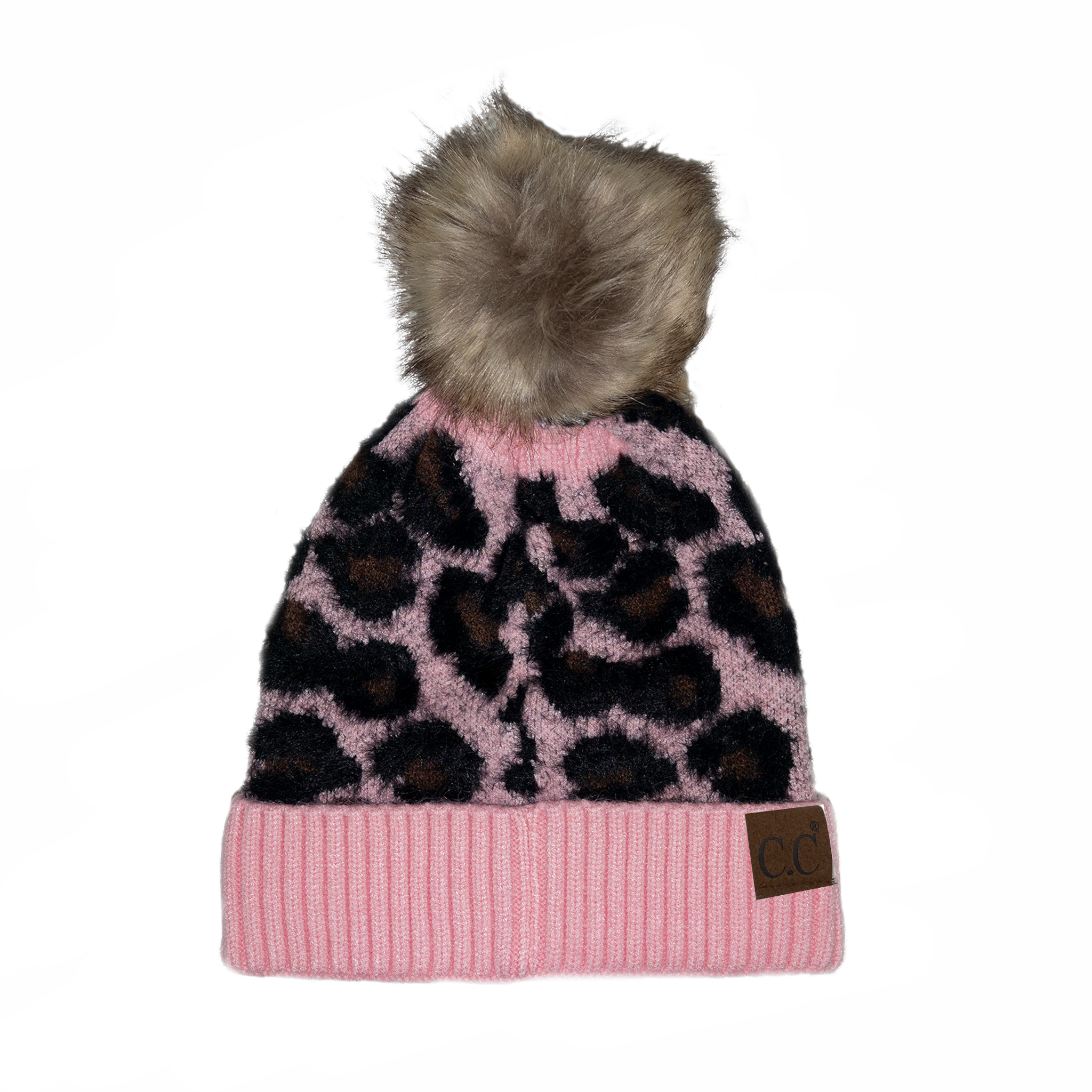 Leopard Love Faux Fur Pom Beanie in Pink • Impressions Online Boutique