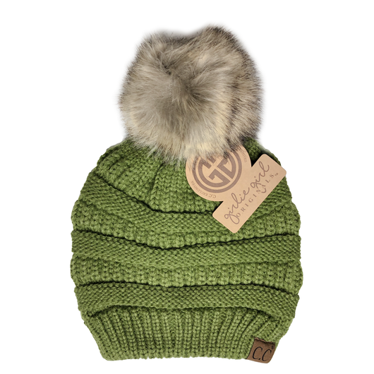 Hat-43 BEANIE W/FAUX FUR POM - OLIVE